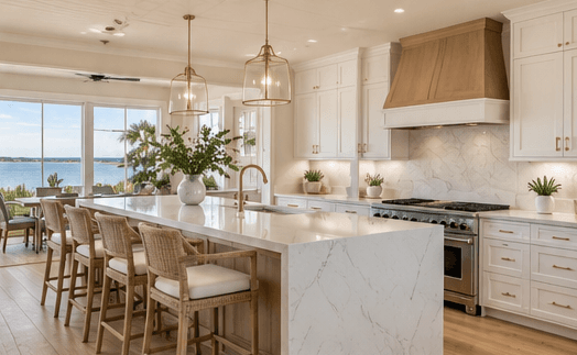 Coastal kitchen remodel with a large island.