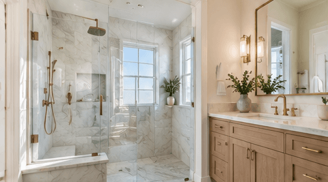Primary bathroom renovation with a walk-in shower.