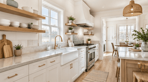 Kitchen with open shelving and a farmhouse sink.