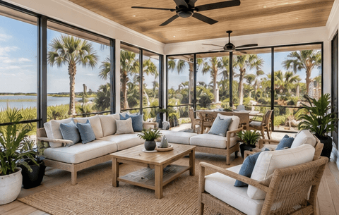 Screened porch with ceiling fans and seating.