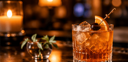 A craft cocktail with an orange peel and cherry garnish.
