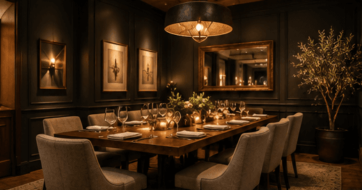 The semi-private dining room set for a dinner.