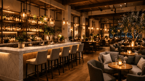The bar and lounge area set for a reception.