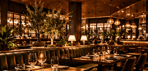 A warm, candlelit dining room with set tables and olive trees.