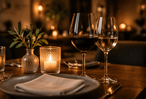 A set table with a candle and wine glasses.