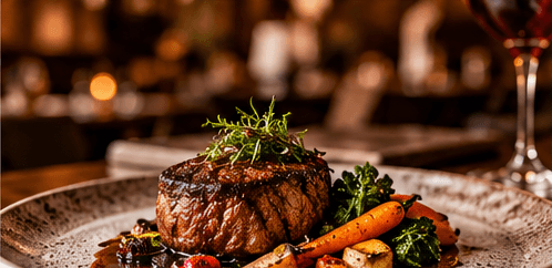 A seared filet with roasted vegetables on a rustic plate.