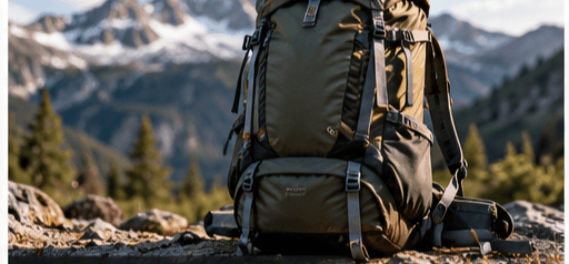 A hiking pack resting on rocks with mountains behind.