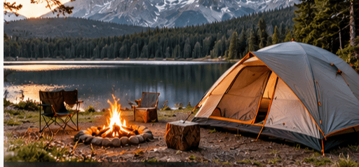 A tent and campfire beside a mountain lake.