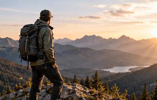 A hiker in a shell jacket looking over a ridge.