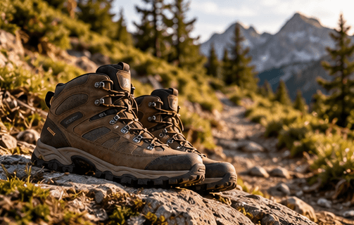 Hiking boots on a rock with trail behind.
