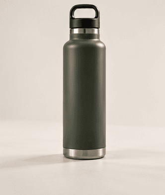 An insulated steel bottle on a clean light background.