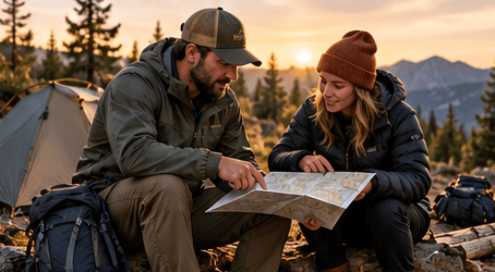 Two hikers sharing a trail map at a campsite.