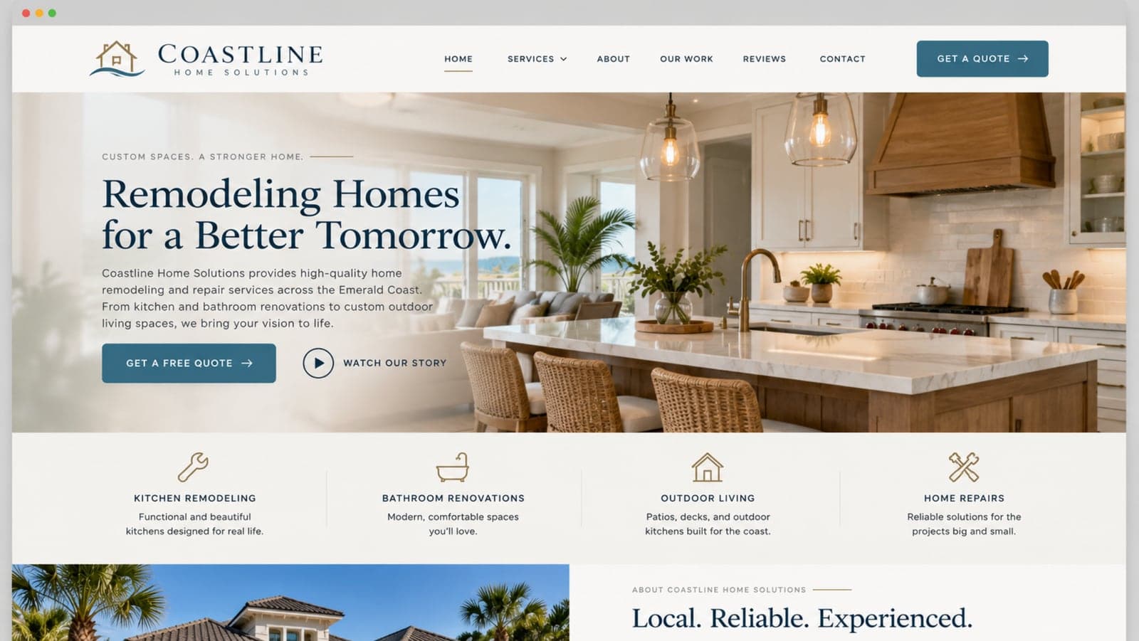 Coastline Home Solutions, a conceptual home remodeling website shown at desktop size, with a large kitchen photo, clear navigation, a Get a Quote button and four service highlights.