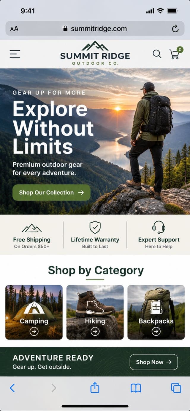 Summit Ridge Outdoor Co., a conceptual outdoor gear shop shown on a phone, with a large hiking photo, a Shop Our Collection button and product category tiles.