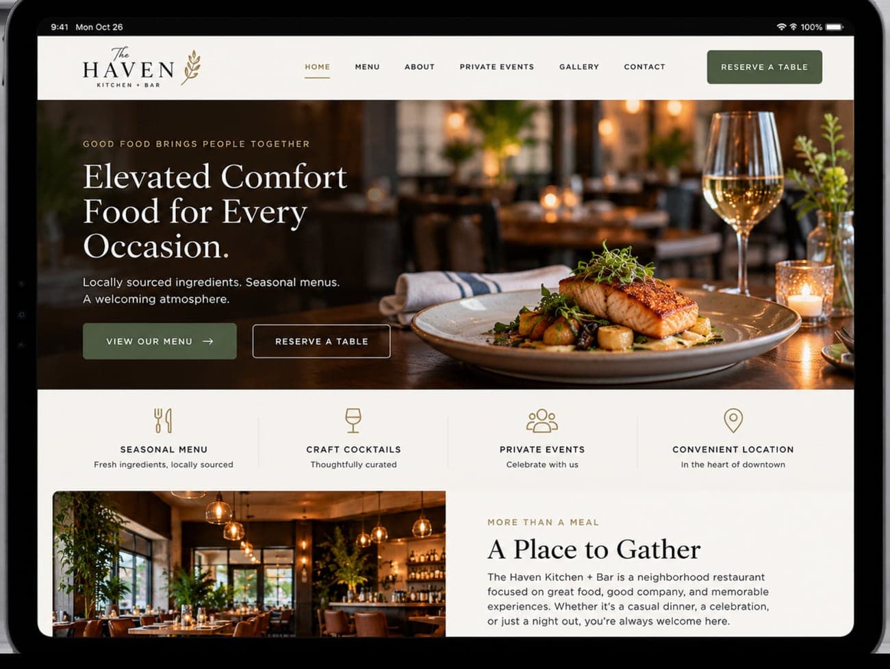 The Haven Kitchen + Bar, a conceptual restaurant website shown on a tablet, with a warm photo of a plated dish, refined type and a Reserve a Table button.