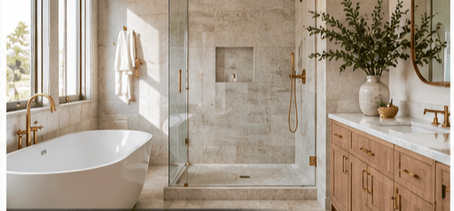 A spa-style bathroom with a soaking tub and stone tile.
