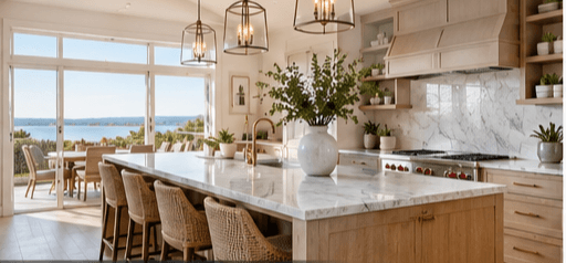 A bright, newly remodeled coastal kitchen with a large island and natural light.