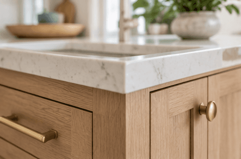 A warm detail shot of a finished remodel: cabinet hardware and a stone countertop.
