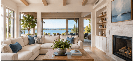 A bright coastal living room with exposed beams and a view of the water.