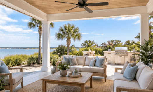A covered patio with outdoor seating and a view of palms.