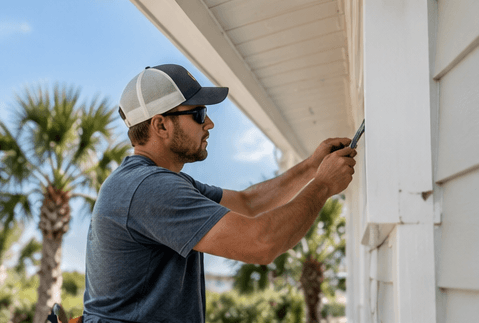 A craftsperson carefully repairing trim on a home exterior.