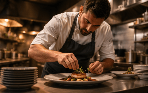 Chef plating a dish in the kitchen.
