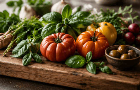 Fresh seasonal produce on a wooden board.
