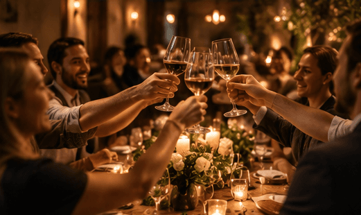 A toast at a full table.