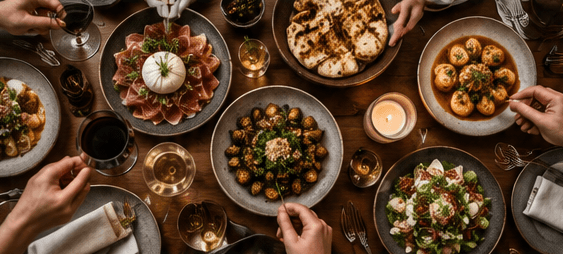 A table of shared plates and glasses.