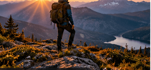 A hiker on a rocky overlook at sunrise above a mountain valley.